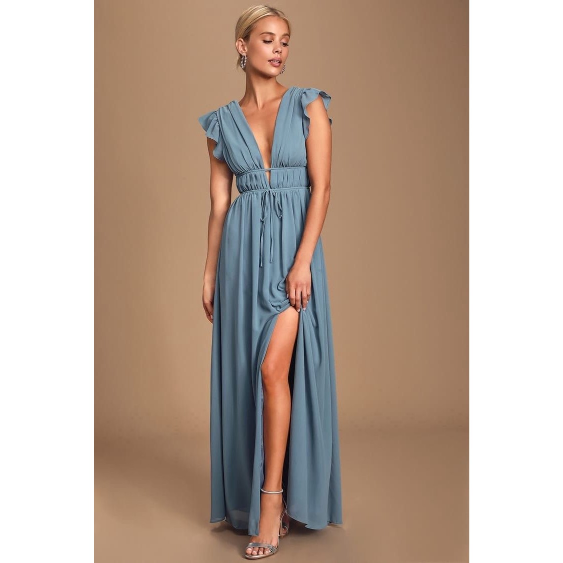 Lulus Dress Women Small Im All Yours Slate Blue Ruffle Maxi Flutter Sleeve Slit